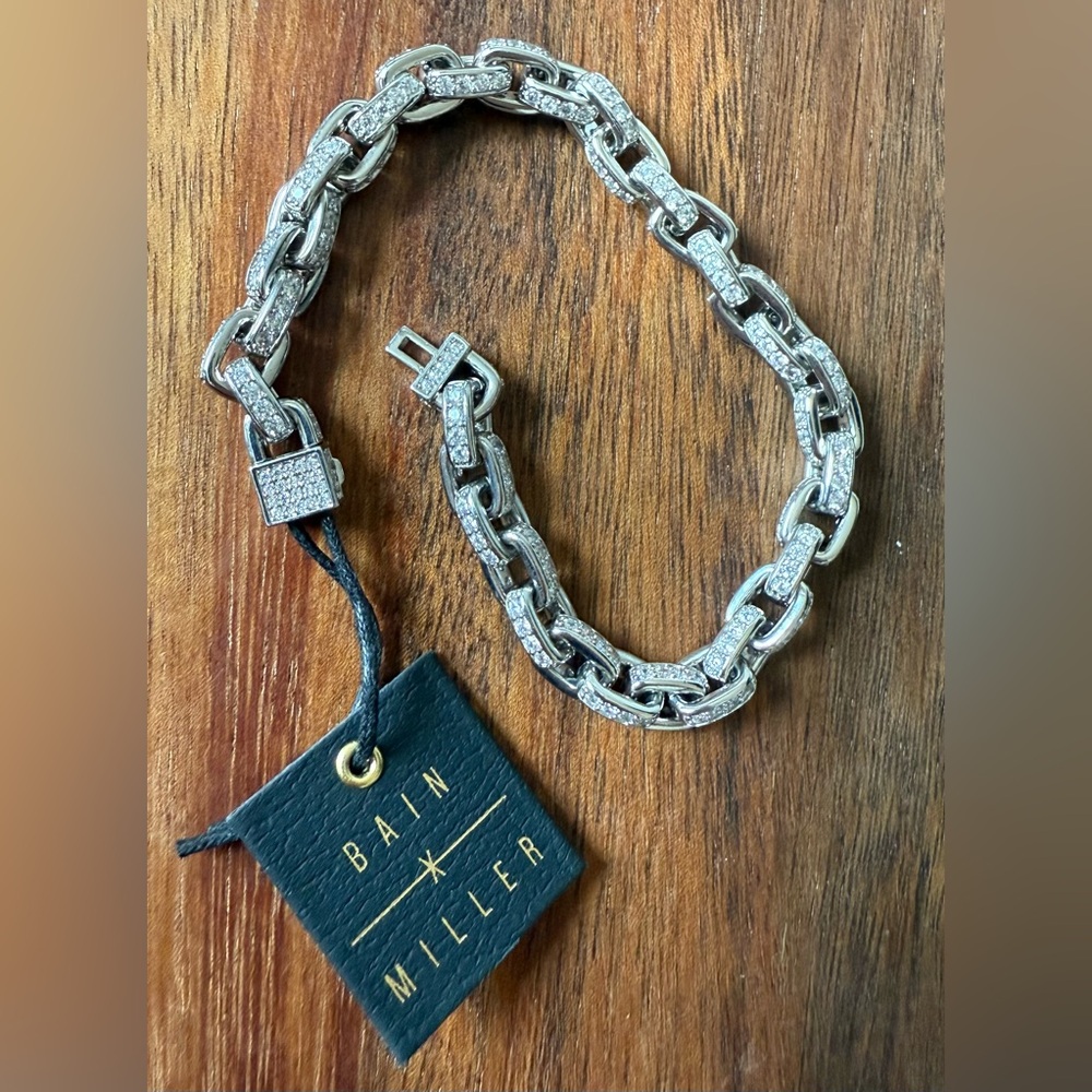 New NWT Bain x Miller Silver Tone Clear Rhinstone  Chain Bracelet Men’s Jewelry